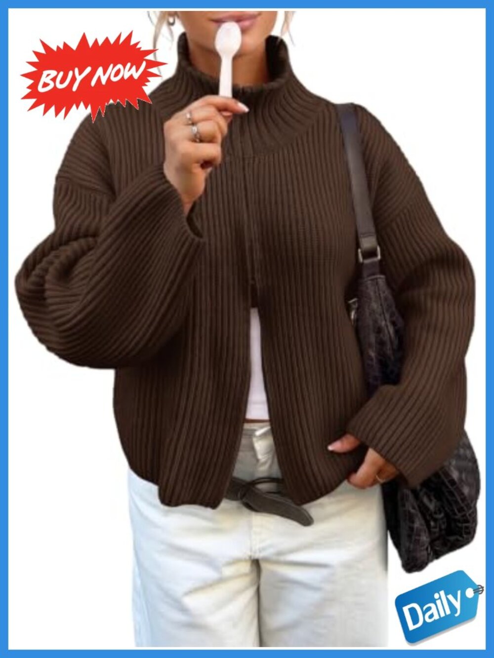 Womens Zip Up Chunky Ribbed Knit Cardigan Mock Neck Sweater